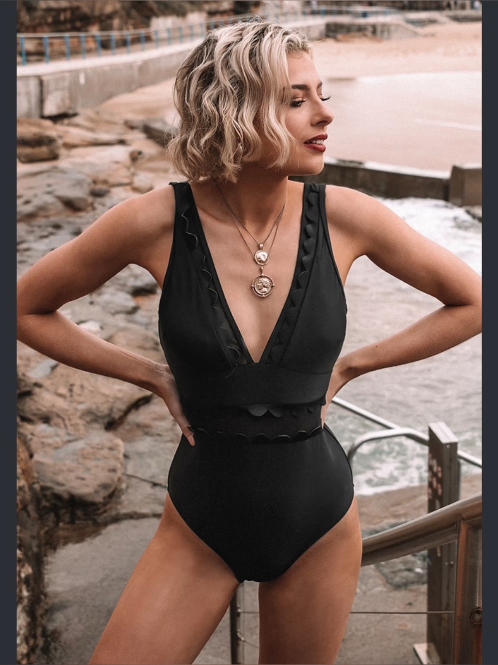 NWT - Women’s Black Scalloped One-Piece Swimsuit